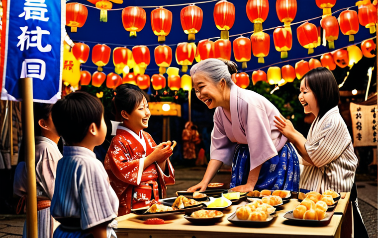 ** A heartwarming scene depicting a local community festival (お祭り). Imagine a vibrant summer evening with traditional lanterns (提灯) illuminating smiling faces of all ages. Focus on capturing the strong sense of unity and connection between people. Include details like children playing games (ゲーム), food stalls (屋台) with delicious treats, and neighbors chatting cheerfully. Keywords: *omatsuri*, *yukata*, *community*, *warmth*, *lanterns*.

**