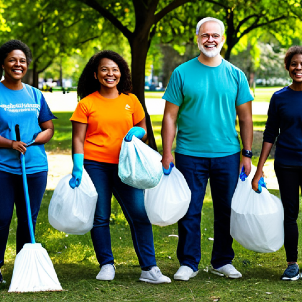**Image Prompt:** "A diverse group of people participating in a cheerful community cleanup event in a park, fully clothed, appropriate attire, families and volunteers working together, sunshine, safe for work, perfect anatomy, natural proportions, professional photography, high quality, environmental awareness, family-friendly."