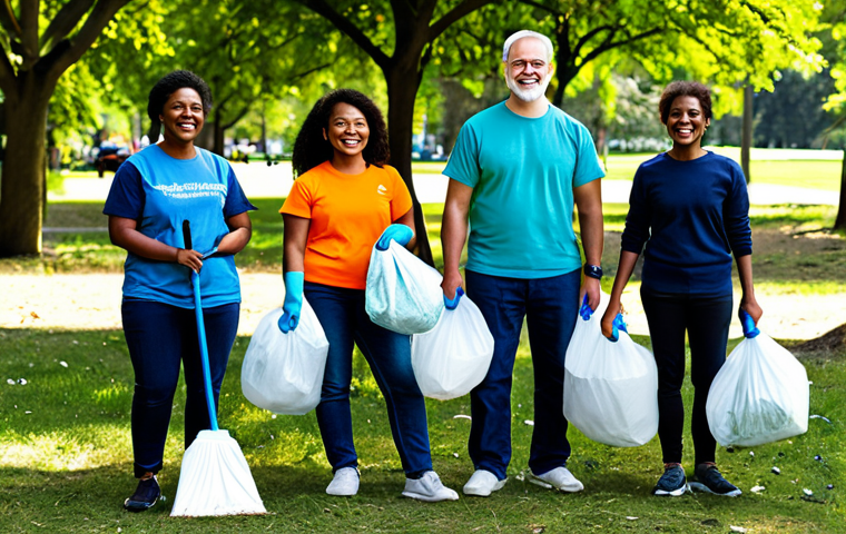 **Image Prompt:** "A diverse group of people participating in a cheerful community cleanup event in a park, fully clothed, appropriate attire, families and volunteers working together, sunshine, safe for work, perfect anatomy, natural proportions, professional photography, high quality, environmental awareness, family-friendly."