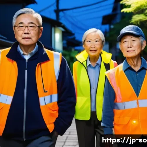사회적 범죄 예방과 복지 정책 - A nighttime community neighborhood patrol scene in a modern Japanese residential area, featuring div...