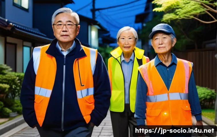 사회적 범죄 예방과 복지 정책 - A nighttime community neighborhood patrol scene in a modern Japanese residential area, featuring div...