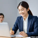 사회적 행동과 조직이론 - A modern Japanese office scene with a diverse team actively engaged in a meeting, featuring a young ...