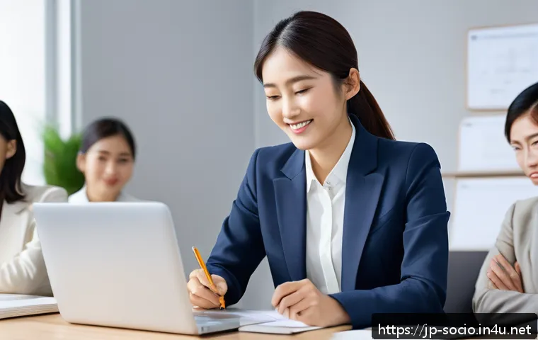사회적 행동과 조직이론 - A modern Japanese office scene with a diverse team actively engaged in a meeting, featuring a young ...