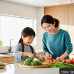 사회적 불평등과 건강 격차 - A modern Japanese family cooking a healthy meal together in a bright, clean kitchen, featuring color...