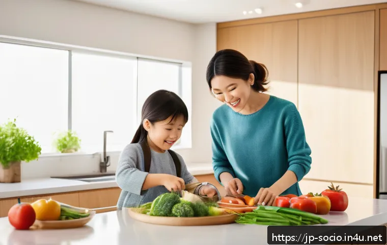 사회적 불평등과 건강 격차 - A modern Japanese family cooking a healthy meal together in a bright, clean kitchen, featuring color...