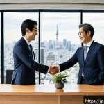 사회적 자본과 경제 발전 - A vibrant modern Japanese business meeting scene set in a sleek office with large windows overlookin...