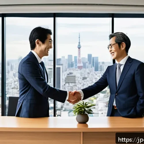 사회적 자본과 경제 발전 - A vibrant modern Japanese business meeting scene set in a sleek office with large windows overlookin...