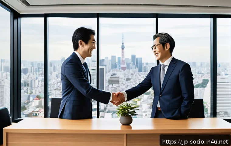 사회적 자본과 경제 발전 - A vibrant modern Japanese business meeting scene set in a sleek office with large windows overlookin...