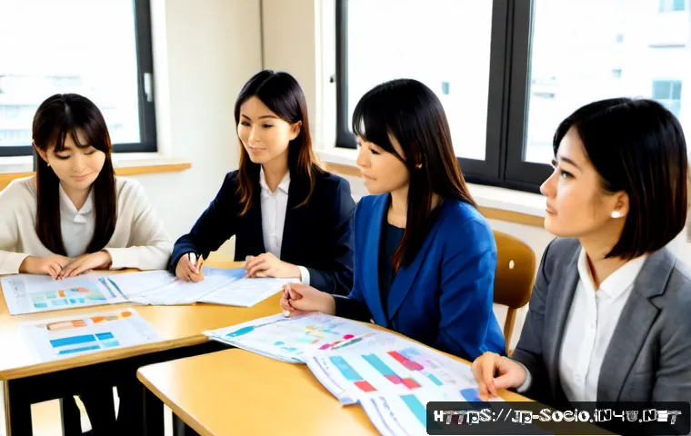사회통계학 - Photorealistic university social statistics workshop in Japan, diverse adult students seated around ...