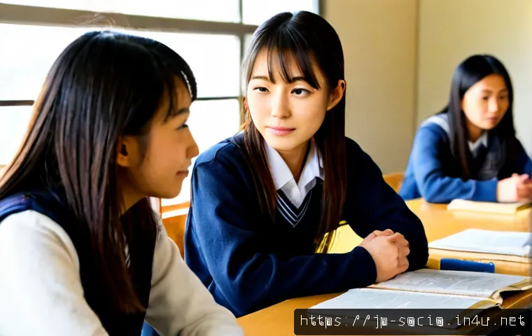 정체성 이론과 사회화 과정 - Photorealistic candid scene in a contemporary Japanese middle school classroom, diverse students col...